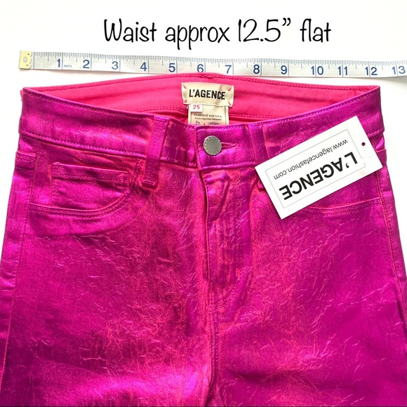 L'AGENCE Coated Foil Metallic Stretch High Rise Skinny Jeans Hot Pink 25 - Picture 9 of 15